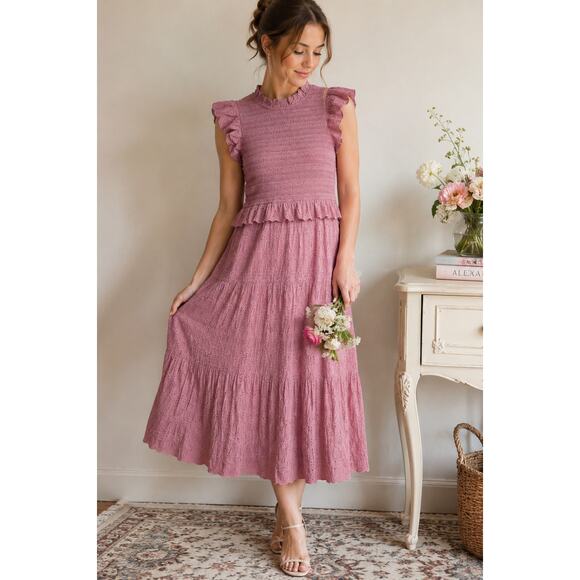 Sea New York Dresses & Skirts - Sea New York 100% Cotton Pink Ingrid Smocked Ruffle Eyelet Midi Dress Size 2